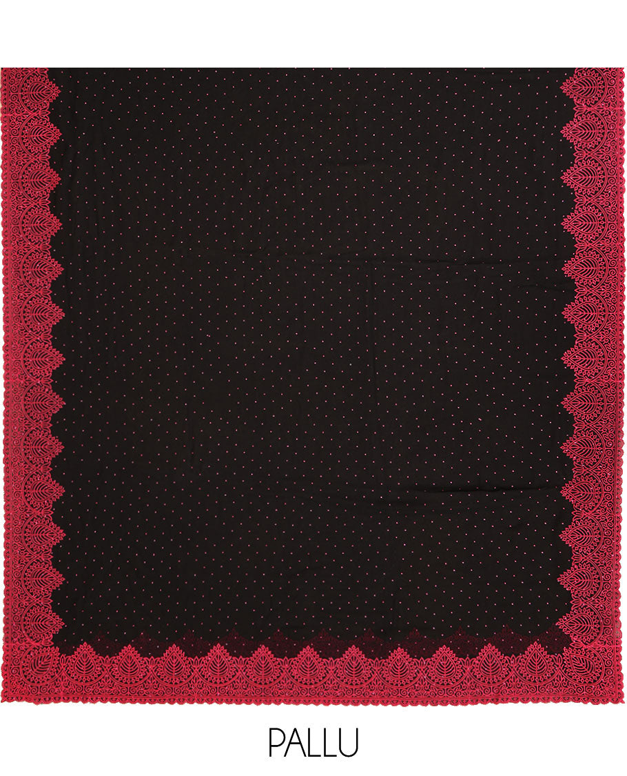 Black with pink all-over stone work chiffon georgette saree with self embroidery border & self pallu along with contrast stone work blouse