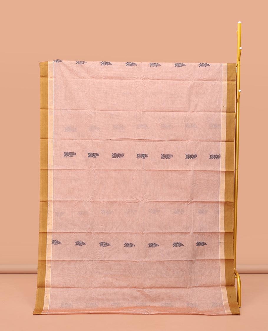 Pale Pink Kanchi Cotton Saree Features Thread Buttas on Its Body, Complemented by a Contrast Border, Floral-Design Pallu, and a Matching Blouse