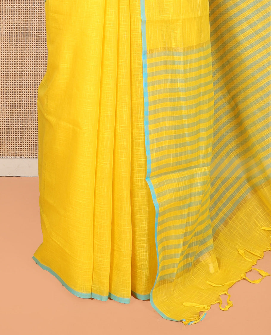 Yellow Geometric Printed Andhra Cotton Saree, a Contrast Piping Border, Striped Pallu, and a Contrast Blouse