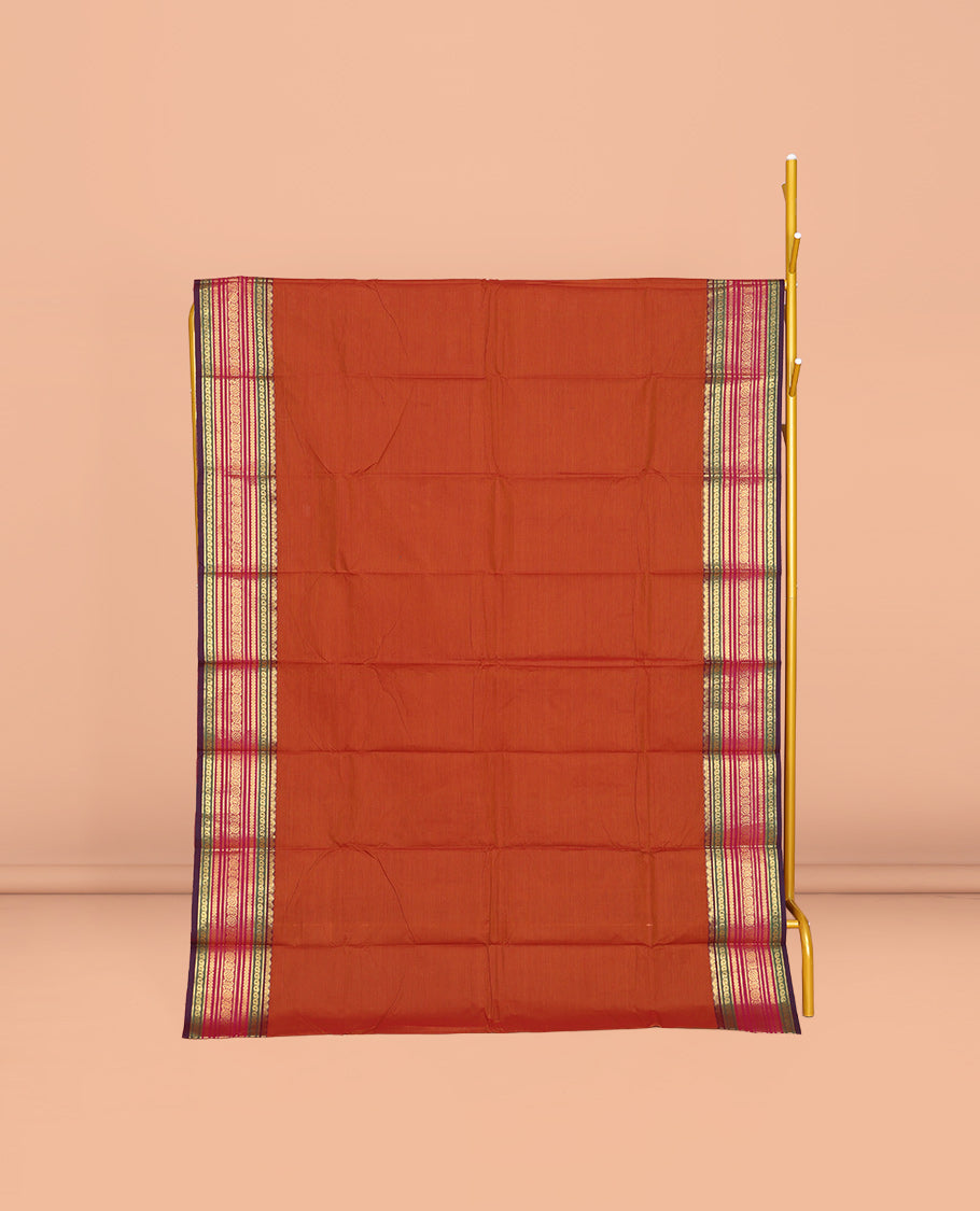Rust Plain Chettinad Cotton Saree, Complemented by a Contrast Traditional Zari Design Border, Pallu of Stripes, and Paired with a Matching Blouse