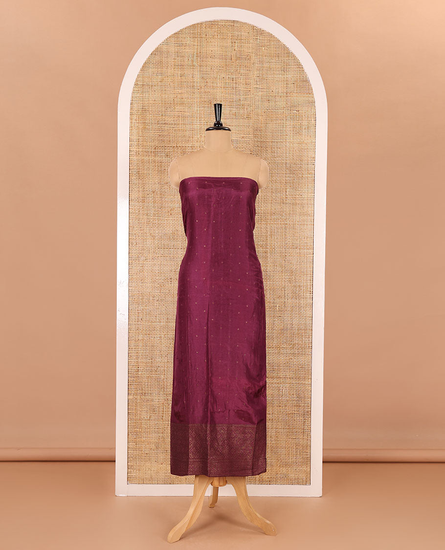 Purple material chudidar set, copper zari buttas and jaal design semi-modal silk top, plain santoon bottom, and zari design woven semi-modal silk dupatta