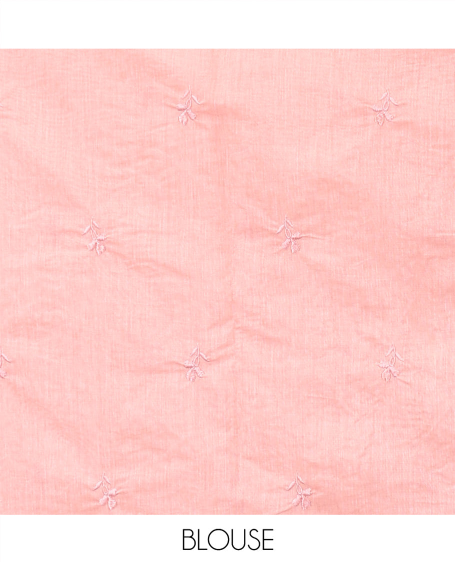 Light Peach Organza Saree, Finely Crafted with Floral Jaal Applique Embroidery All Over Its Body, Scallop Lace Border, Floral Embroidered Pallu, and Paired With a Embroidered Blouse