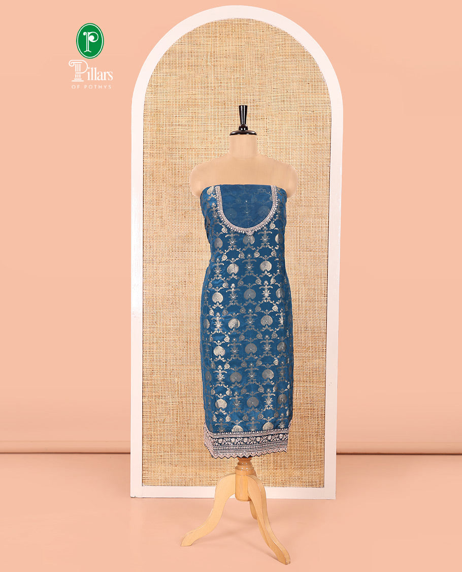 Blue Chudidar Set Mesmerized with Floral Jaal Jacquard Design Viscose Chinon Unstitched Top, Readymade Free Size Sharara Pants, and a Chinon Embroidered Scallop-Bordered Dupatta