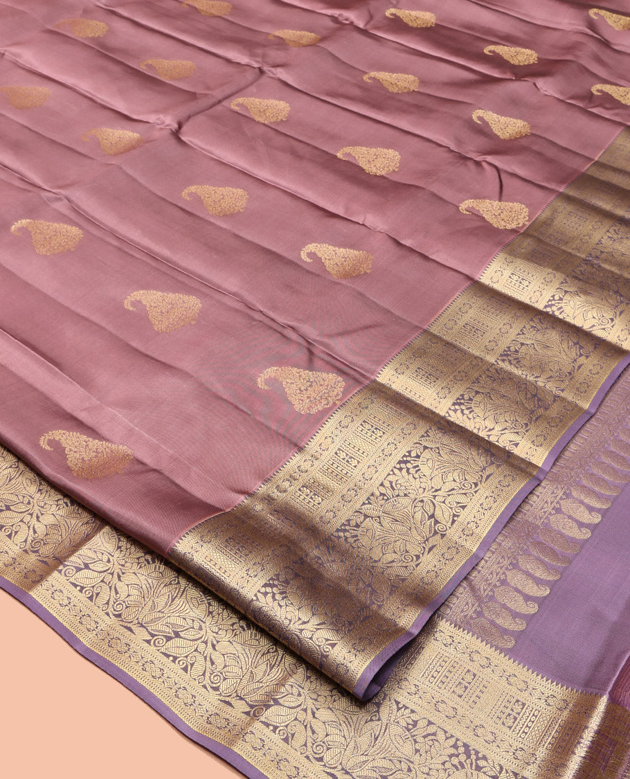 Brown Vasundhara Lite Silk Mix Saree, Adorned with Zari Buttas, a Contrast Temple Traditional Zari Border, an Intricate Pallu, and a Contrast Blouse