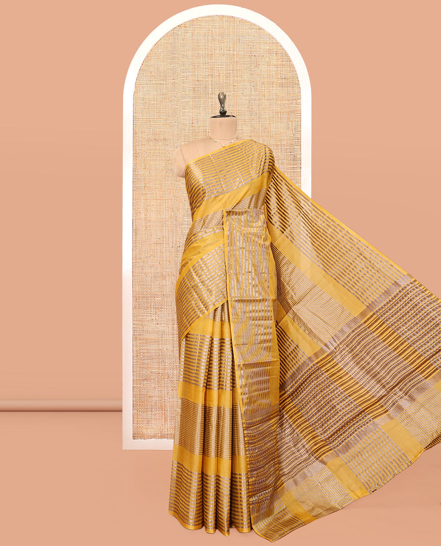 Borderless Mustard Tussar Silk Saree, Detailed with Zari Stripes, Striped Pallu, and a Matching Blouse