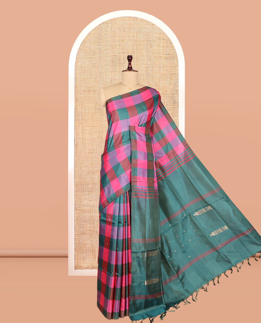 Borderless Multi-color Checked Banana Pith Saree, a Contrast Pallu of Buttas and Stripes, and a Contrast Blouse