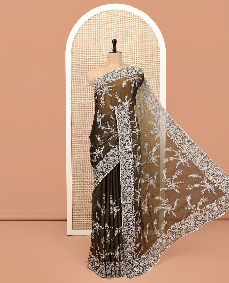 Brown Designer Saree, Prettified with Floral Embroidery, Scallop-Embroidered Border, and Matching Embroidered Blouse