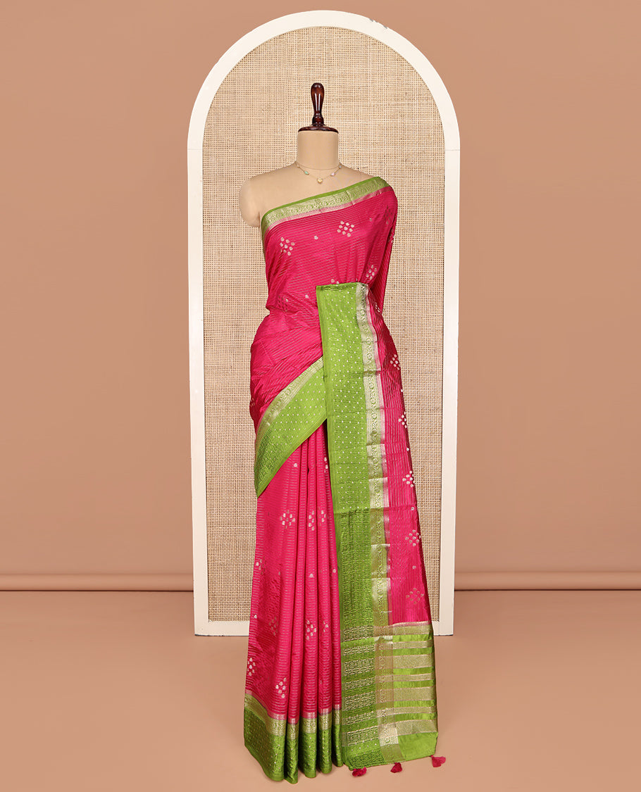 Pink Semi-Banaras Dupion Saree, Detailed with Zari Buttas and Stripes, Complemented by Contrast Traditional Border, Zari Striped Pallu, and a Contrast Blouse