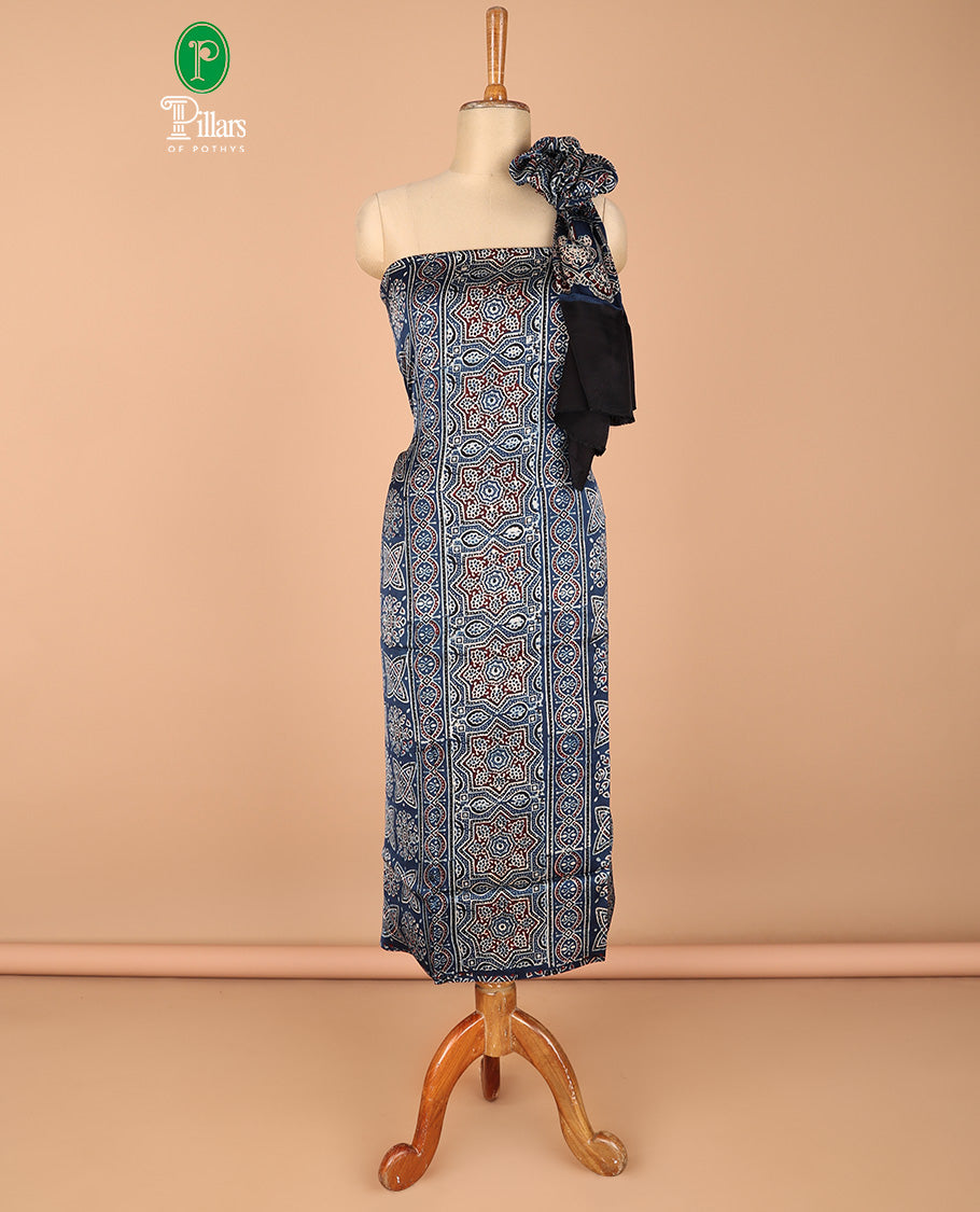 Blue chudidhar material set pure modal hand block ajrack print top with plain pant & hand block print dupatta