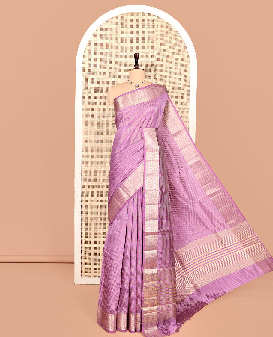 Purple Semi-Banarasi Dupion Saree, Richly Detailed with Checks, a Highlighted By Traditional Zari Border, Zari Striped Pallu, and a Matching Blouse