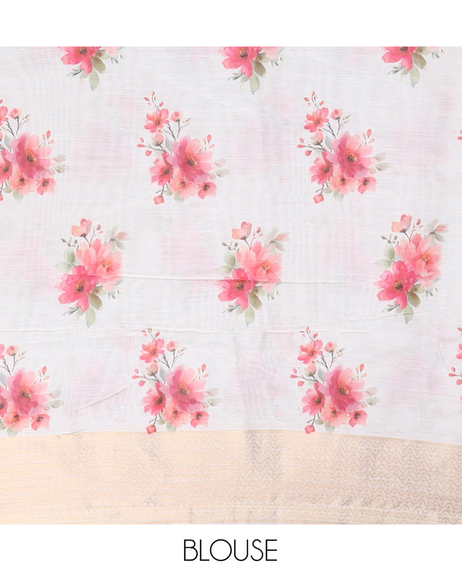 Borderless Cream Chanderi Cotton Saree Features Buttas and Floral Print, Zari-Rich Pallu, and Matching Blouse