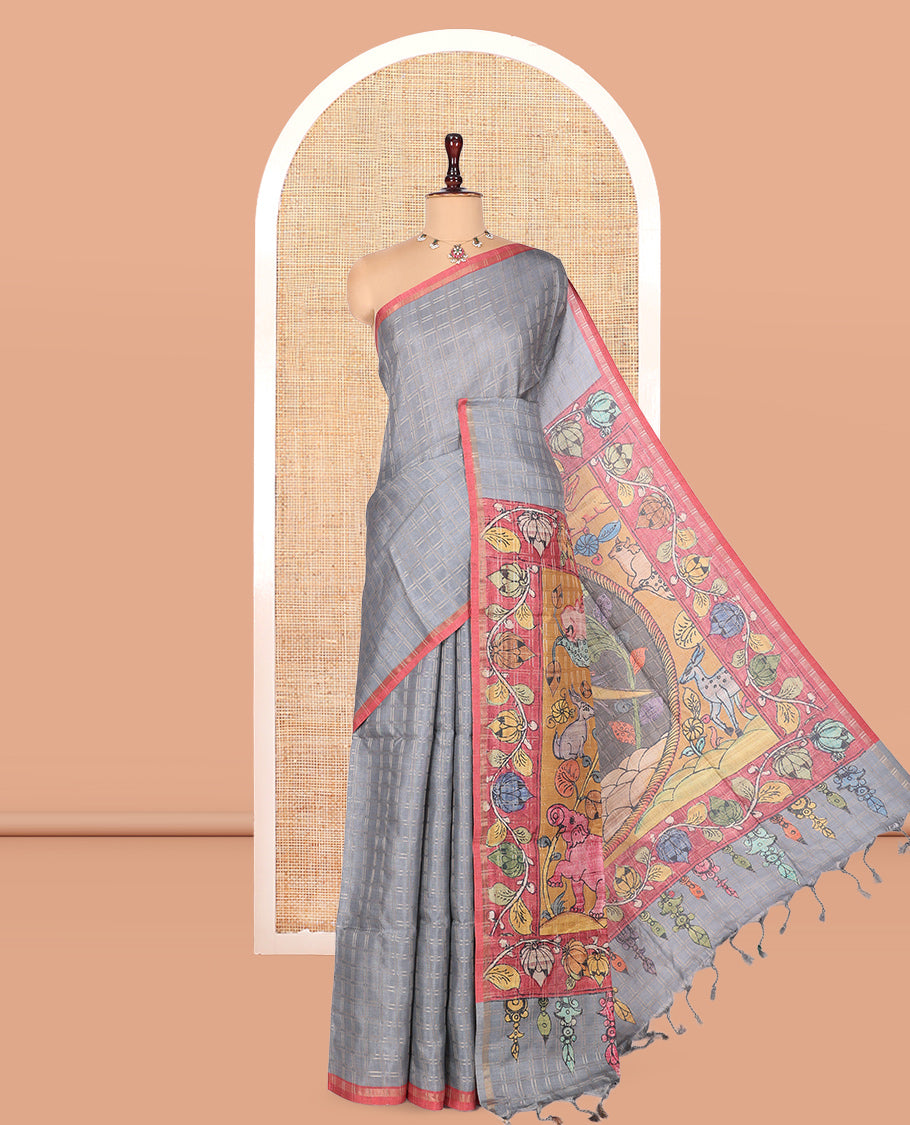 Grey Fancy Tussar Silk Saree, Accentuated with Checked Design, Contrast Zari Piping Border, Kalamkari Pallu, and Contrast Kalamkari Printed Blouse