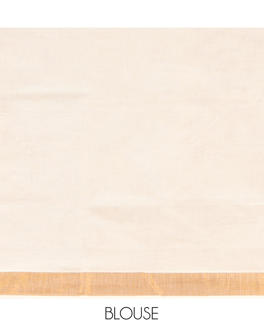 Cream Plain Kerala Cotton Saree, a Subtle Bavanji Border, Gleaming Zari Pallu, and Is Paired with a Matching Blouse