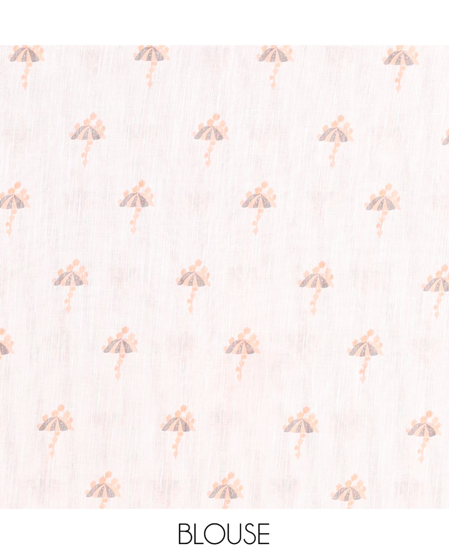 Borderless White-Brown Linen Cotton Saree, Elevated with Vertical Stripes, an Umbrella Print, and a Matching Blouse