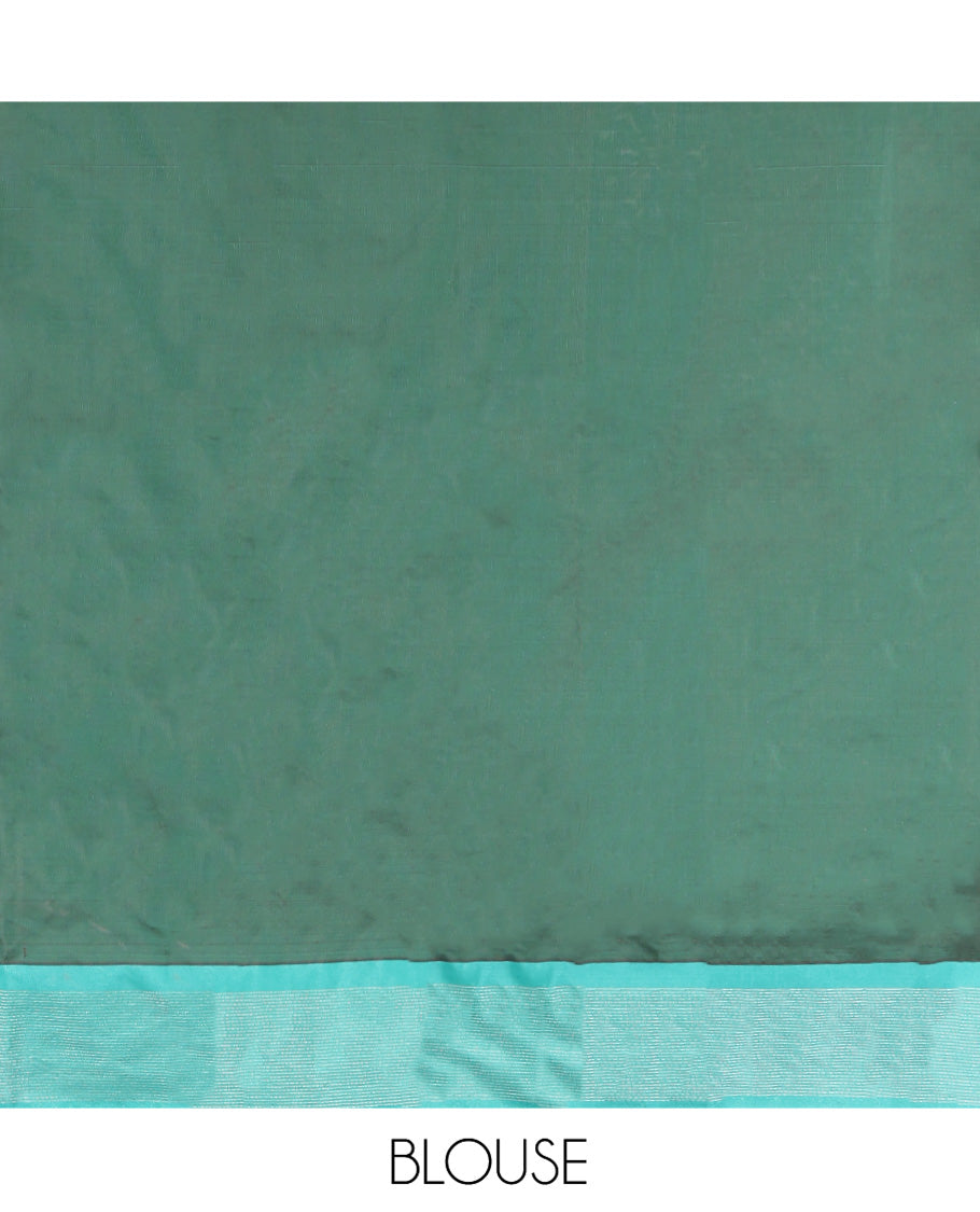 Green Aarani Gift Saree, Adorned with Plus-Shaped Buttas on Its Body, Complemented by a Contrast Striped Border, Subtle Striped Pallu, and Paired with a Matching Blouse