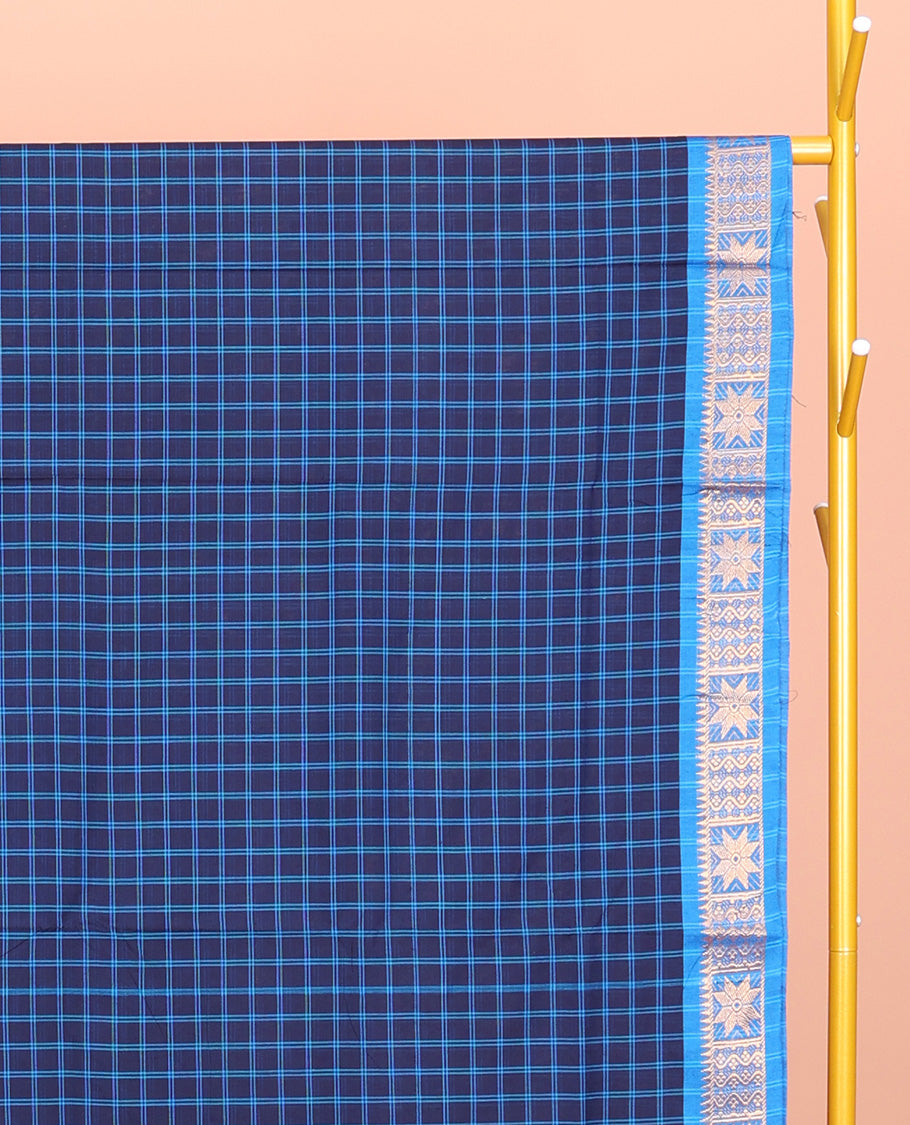 Blue Chettinad Cotton Saree, Finely Crafted with Checks, Contrast Traditional Design Border, Striped Pallu, and No Blouse