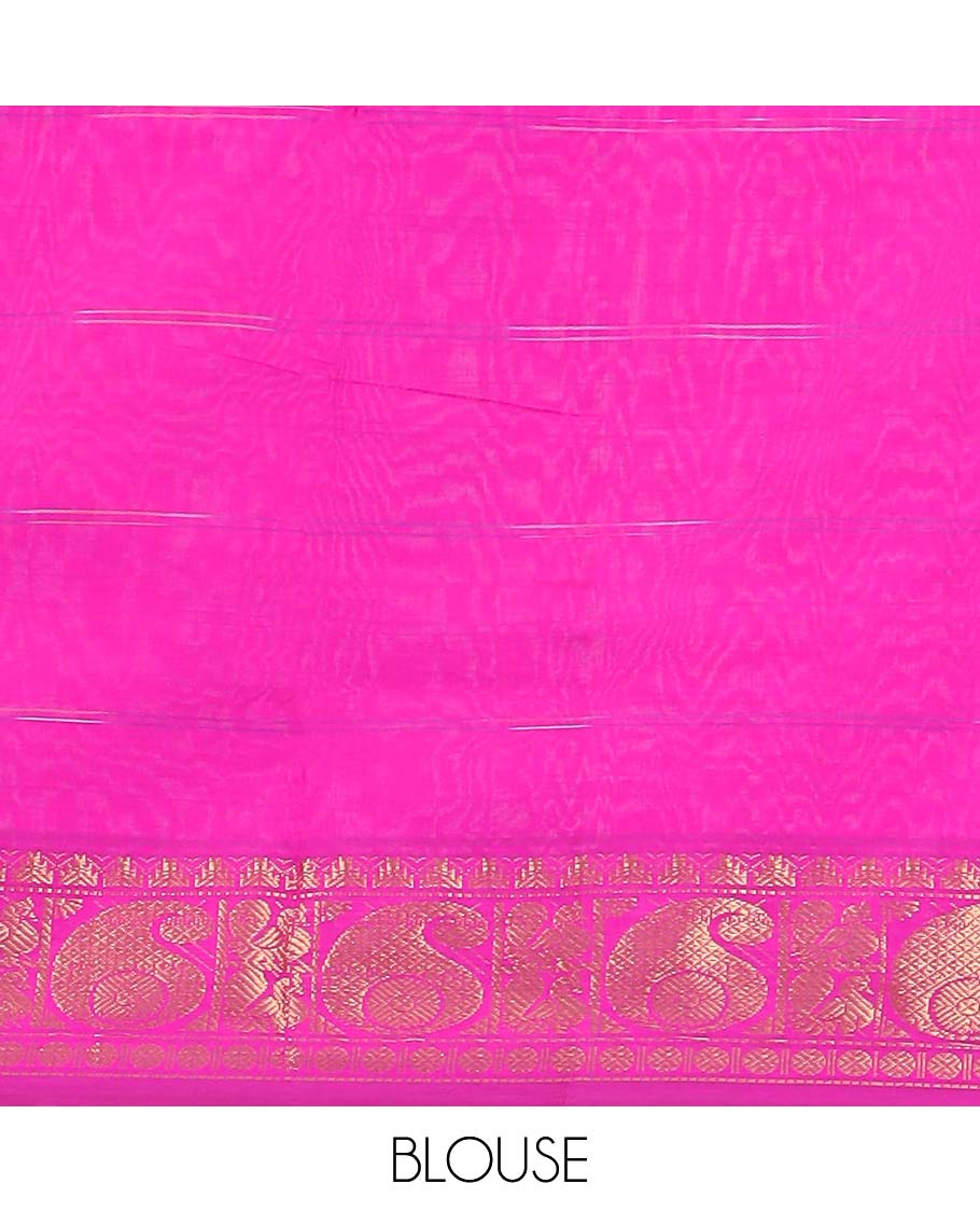 Grey striped mangalgiri cotton saree with contrast paisley design border & striped pallu
