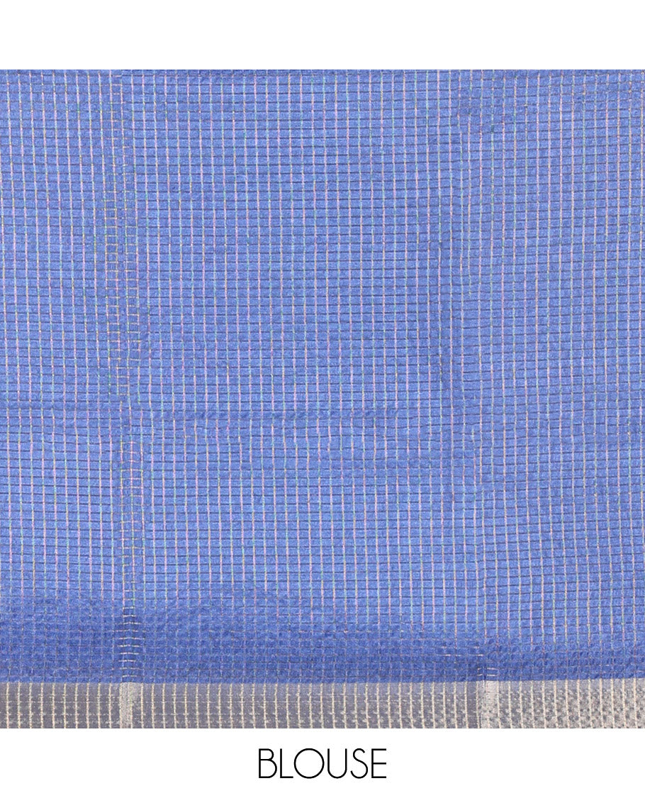 Blue Semi Tussar Featuring Micro-Checks and Elegant Lotus Prints All Over Its Body, a Subtle Border, Pallu Mirrors Lotus Motifs, and Comes with a Matching Blouse