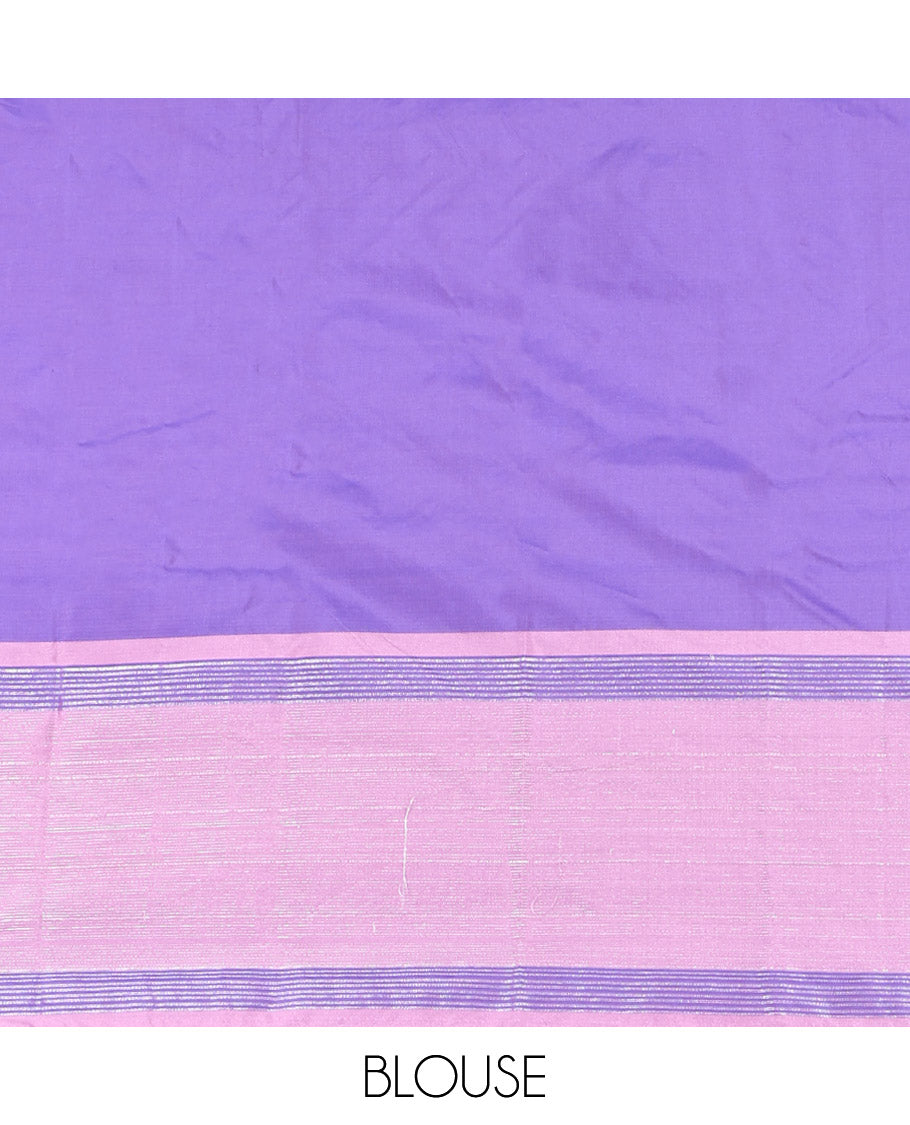 Violet Aarani Gift Saree, Steeped with Buttas on Its Body, Complemented by a Contrast Border, a Self-Pallu of Stripes, and Paired with a Matching Blouse