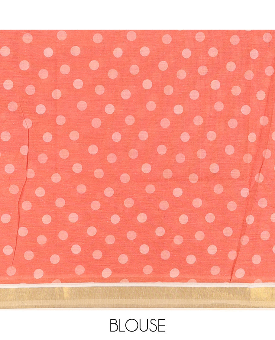 Cream Kerala Cotton Saree, Steeped with Multi-Color Polka Dots, a Zari Border, a Contrast Blouse