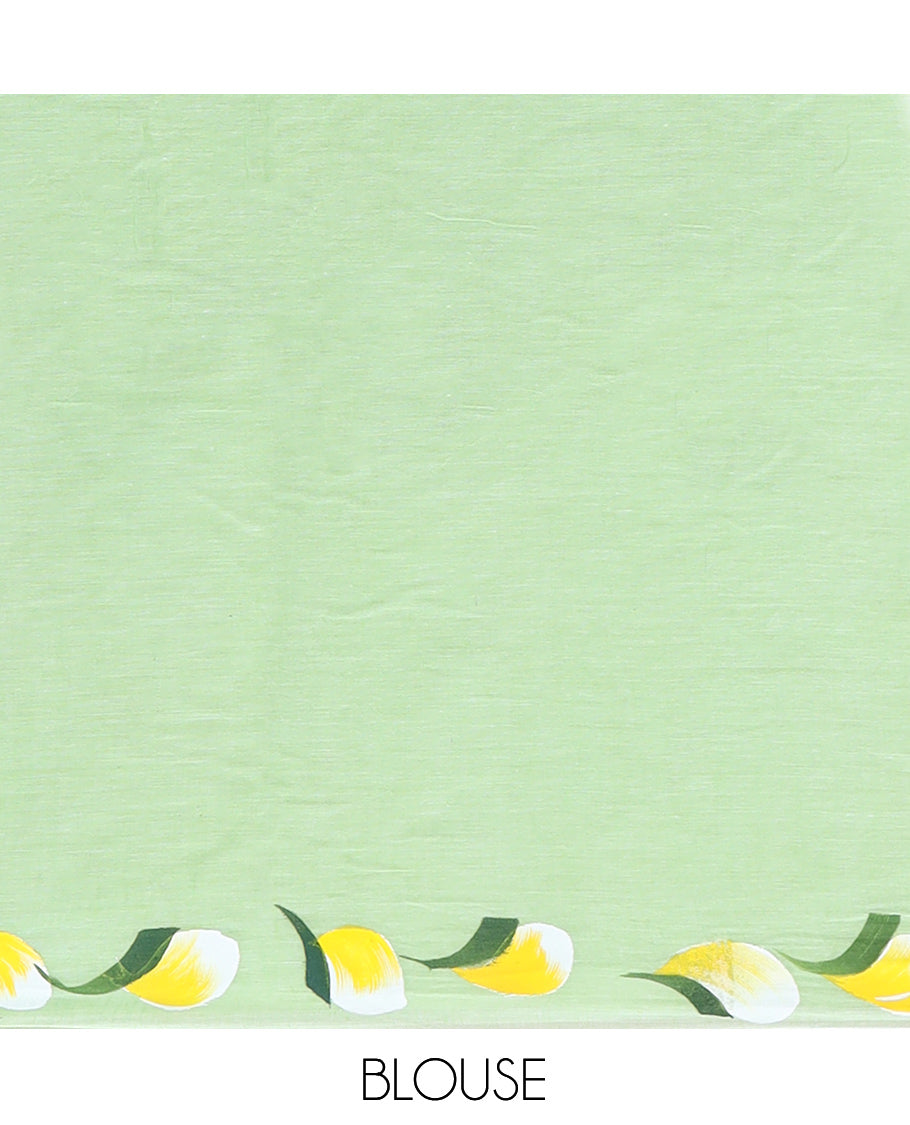 Borderless Pista Green Khadi Mul Cotton Saree Features Floral Hand-Brush Painting, and a Matching Blouse
