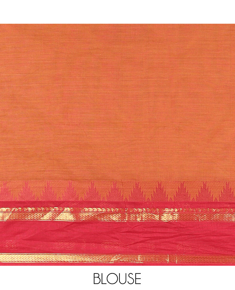 Honey Color Chettinad Cotton Saree, Subtly Sparkled with Thread Buttas All Over Its Body, Complemented by a Contrast Border Rettai Pettu Border of Paisley and Chevron Stripes, Subtly Designed Pallu, and Paired with a Matching Blouse