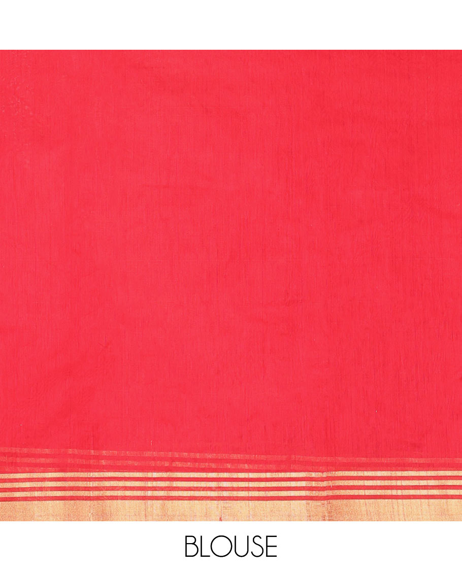 Red Chanderi Cotton Saree, Accentuated with Zari Buttas All Over Its Body, Highlighted by Zari Border, Pallu Steeped with Zari Stripes, and Paired with a Matching Blouse