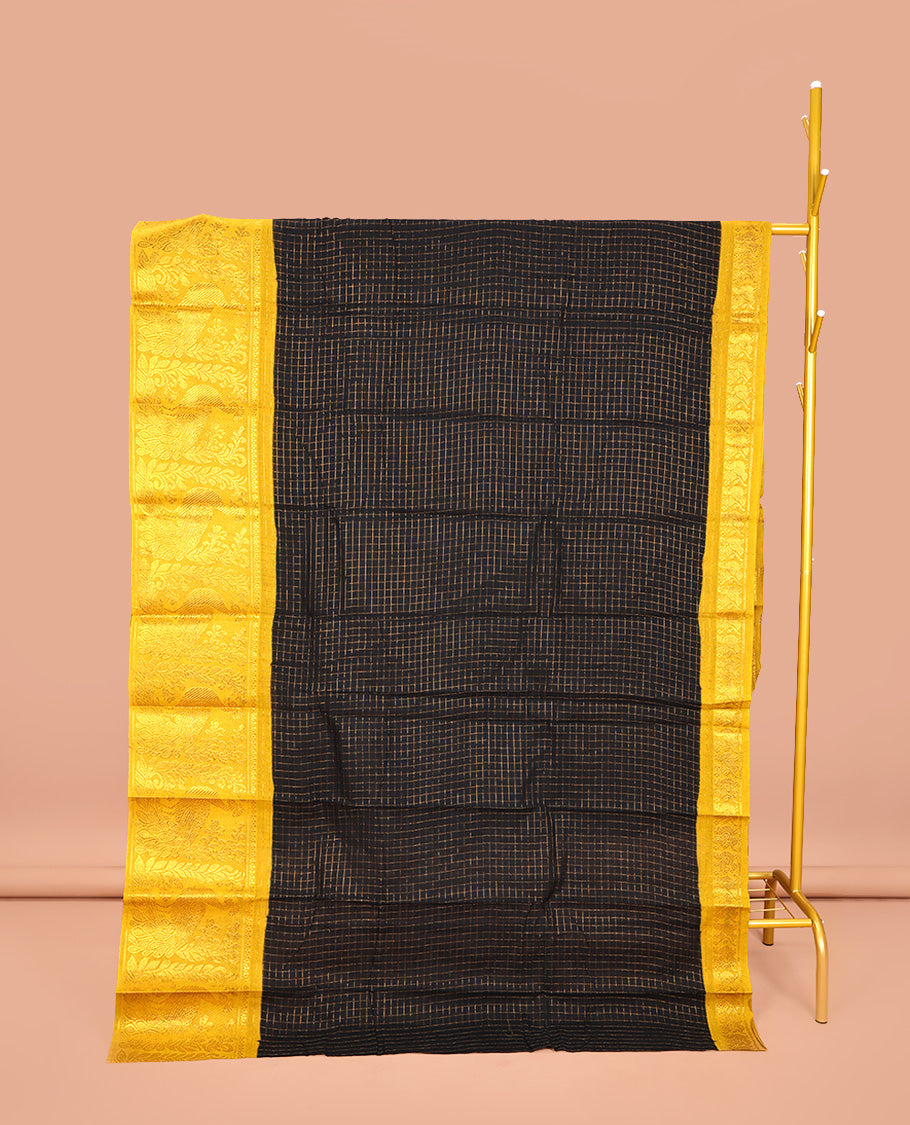 Black Sungudi Cotton Saree, Detailed with Zari Checks on Its Body, Complemented by a Contrast Traditional Zari Border of Big Peacocks, Zari-Striped Pallu, and Paired with a Contrast Blouse