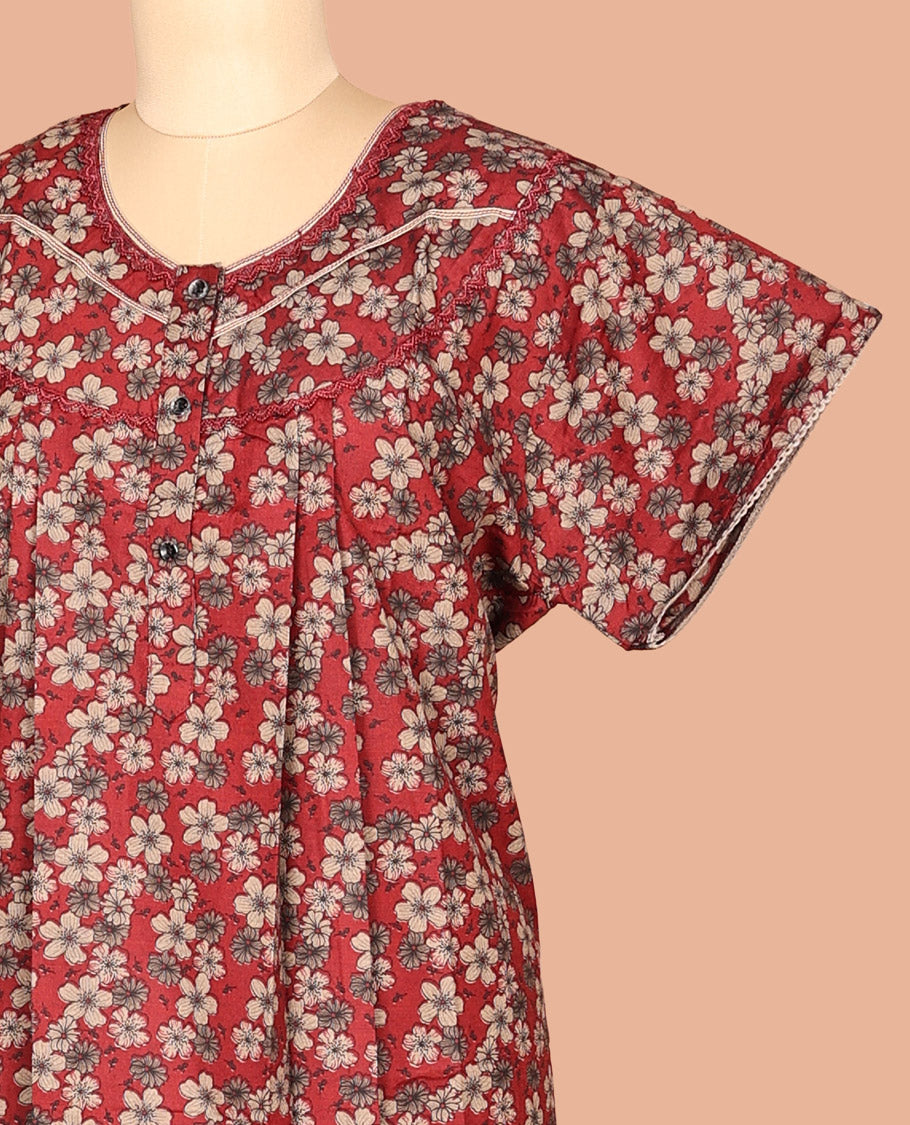 Maroon Floral Motifs Cotton-Blended Nighty