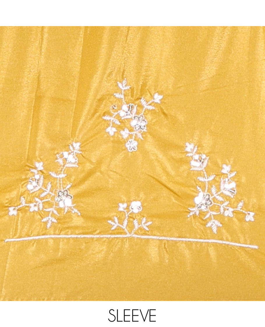 Mustard Plain Satin Crepe Saree, Accentuated with Floral Vine Thread Embroidery on Its Border, a Self-Pallu, and Paired with a Matching Blouse