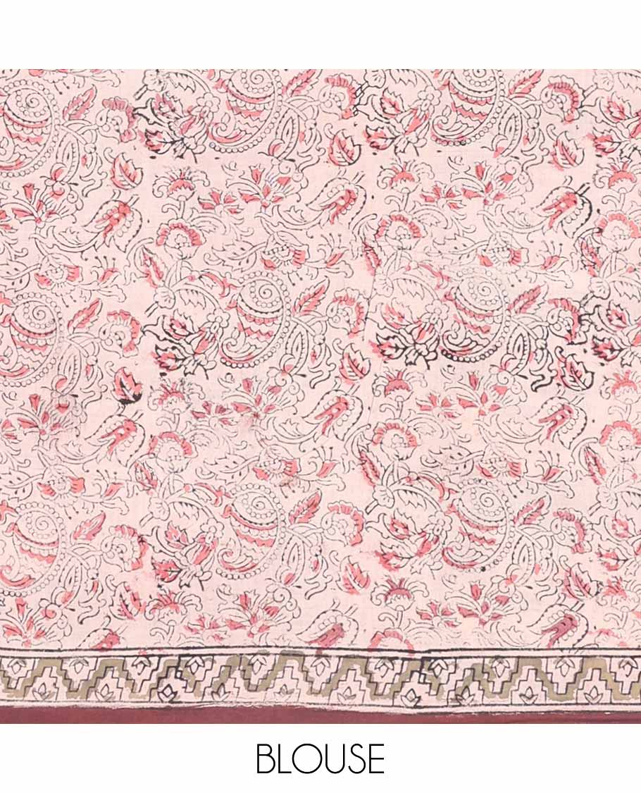Brown intricate floral design machine-printed kalamkari saree with self plain border & human inspired design pallu