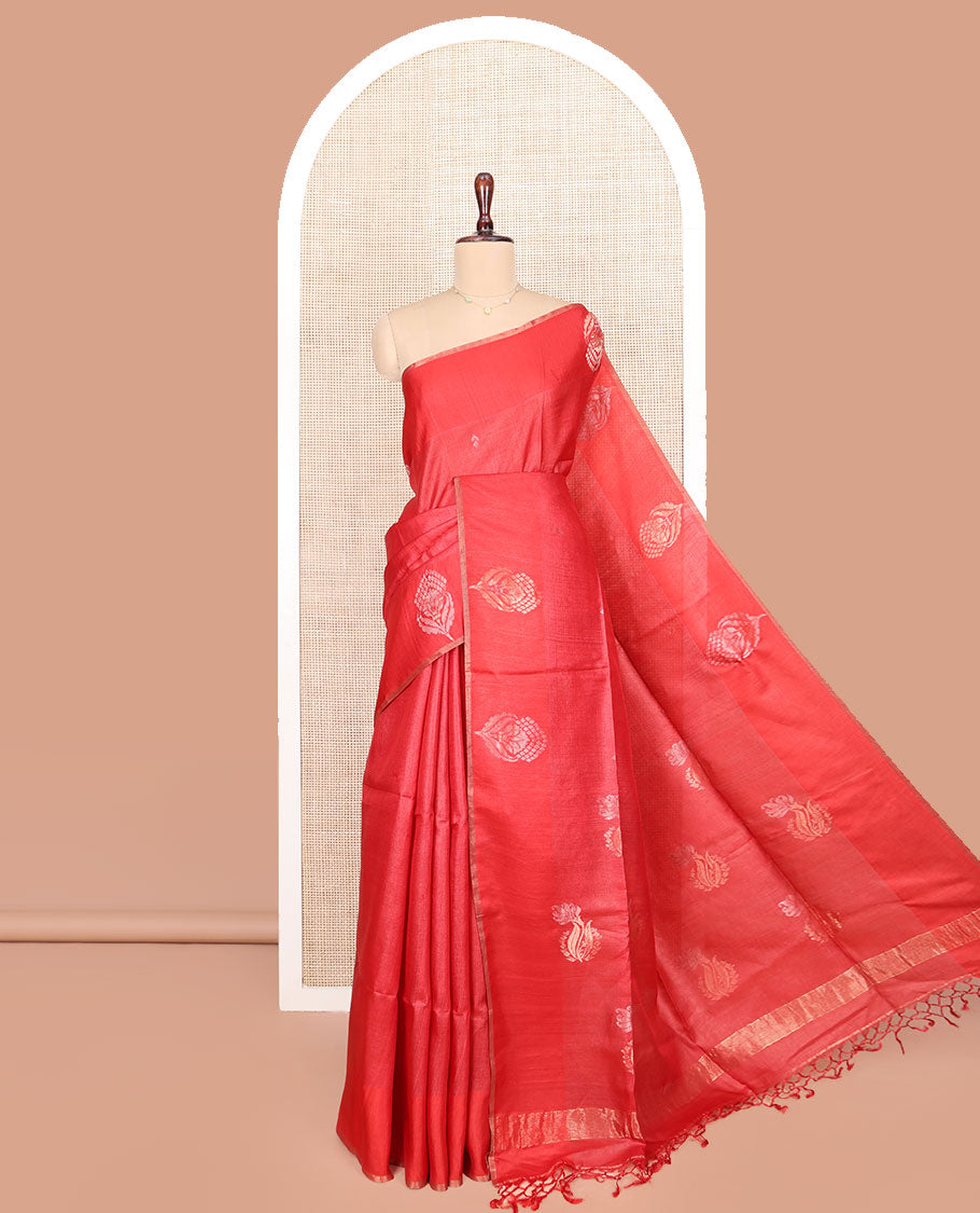 Borderless Red Tussar Silk Saree, Mesmerized with Zari Buttas on Its Body, Pallu Subtly Highlighted by Zari Buttas, and Paired with a Matching Blouse