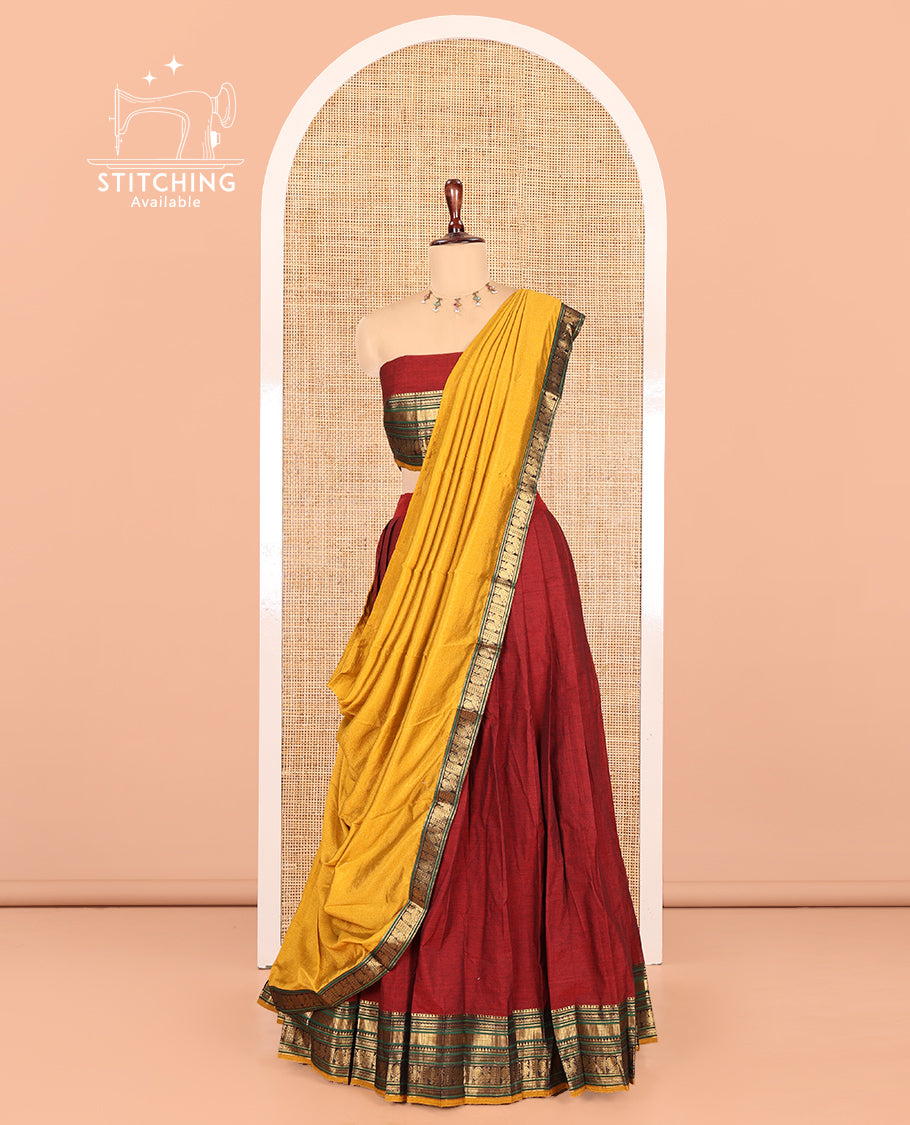 Red-Yellow Chettinad Cotton Half-Saree, Contrast Traditional Annam Bordered Skirt, Matching Blouse, and a Contrast Dhavani