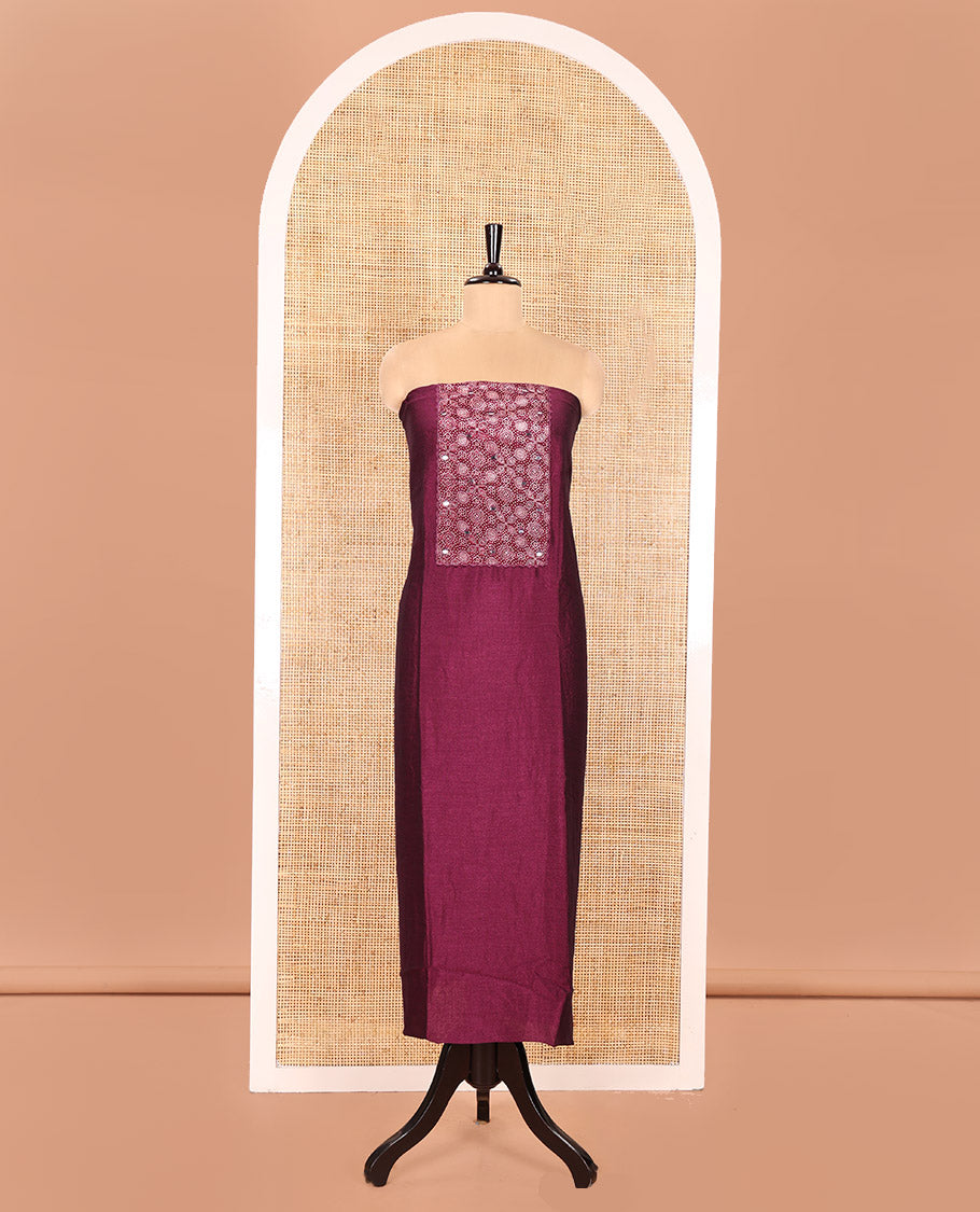 Magenta Material Chudidhar Set, Enriched with Ajrakh Patch Work and Mirror Work Vichitra Silk Top, Plain Santoon Bottom, and Chinon Silk Dupatta Featuring Intricate Ajrakh Prints