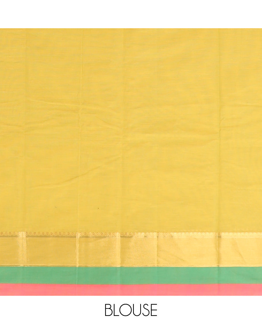 Yellow floral motifs kanchi cotton saree with contrast floral design border & floral design pallu