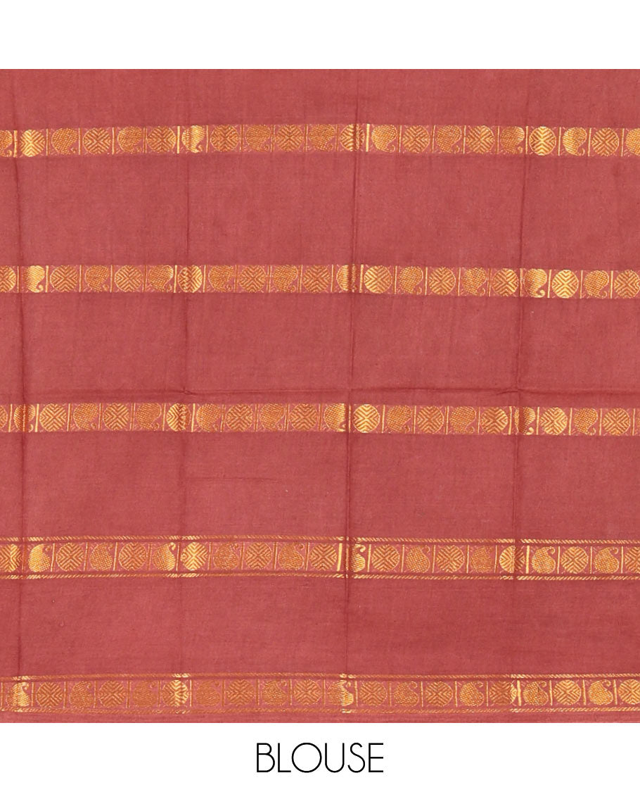 Maroon Sungudi Cotton Saree, Accentuated with Rudraksham and Paisley Buttas on Its Body, Complemented by a Contrast Rettai Pettu Border of Rudraksham and Paisley Designs, Gleaming Zari-Striped Pallu, and Paired with a Contrast Blouse