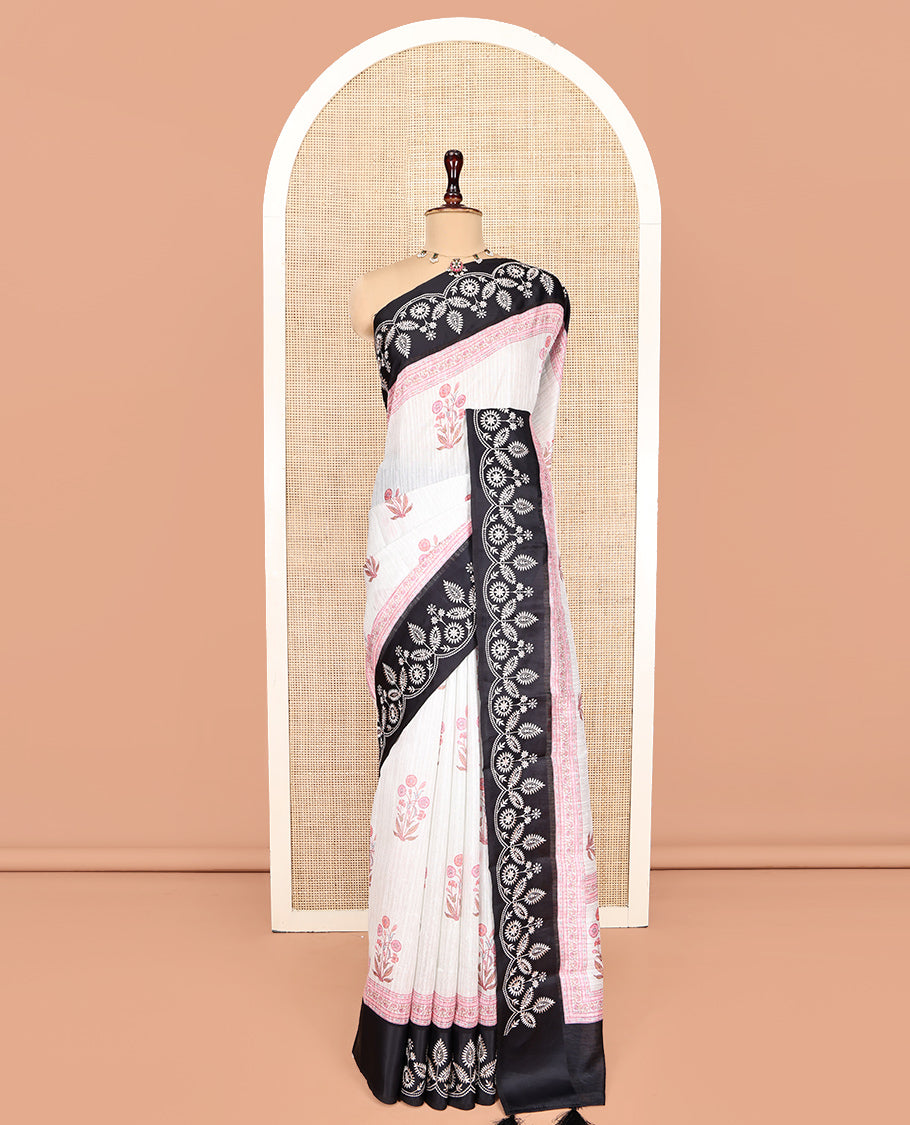 Black Green-Silk Saree, Adorned with Floral Motifs, Block Print on Its Body, Complemented by a Contrast Thread Embroidered Border, Pallu of Floral Block Print, and Paired with a Contrast Blouse