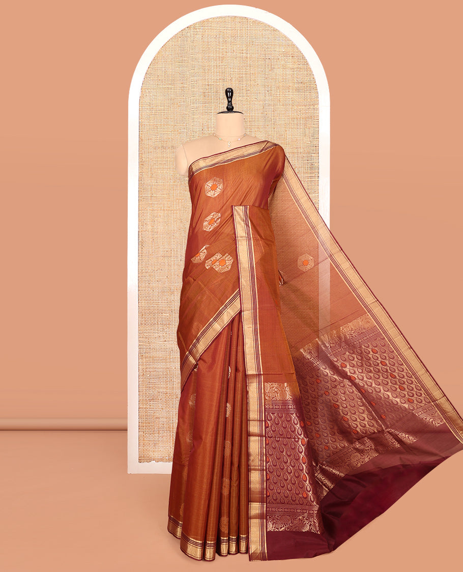 Brown Silk Cotton Saree, Beautified with Buttas, a Contrast Zari Border, Pallu of Intricate Designs, and a Contrast Blouse