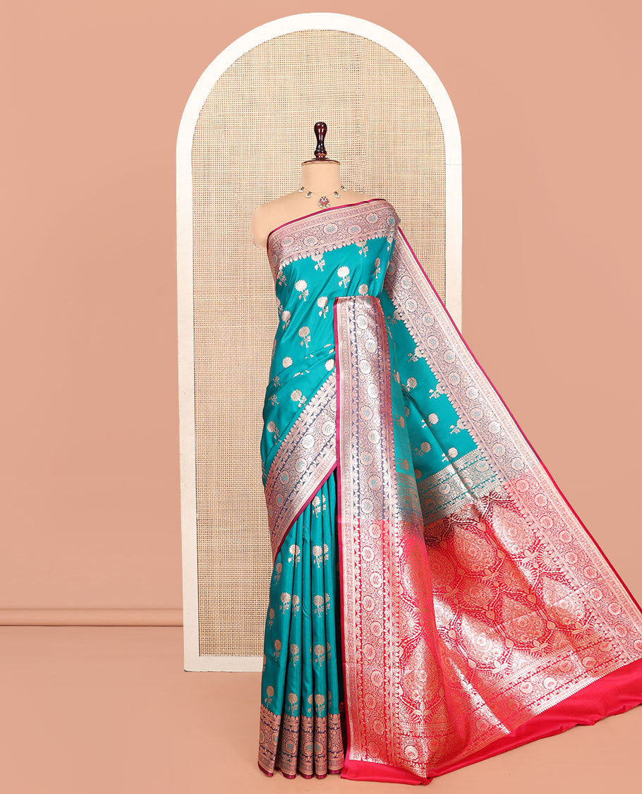 Blue Banarasi Nylon Saree, Detailed with Floral Buttas, Complemented by a Contrast Traditional Zari Border, Intricate Pallu, and a Contrast Blouse