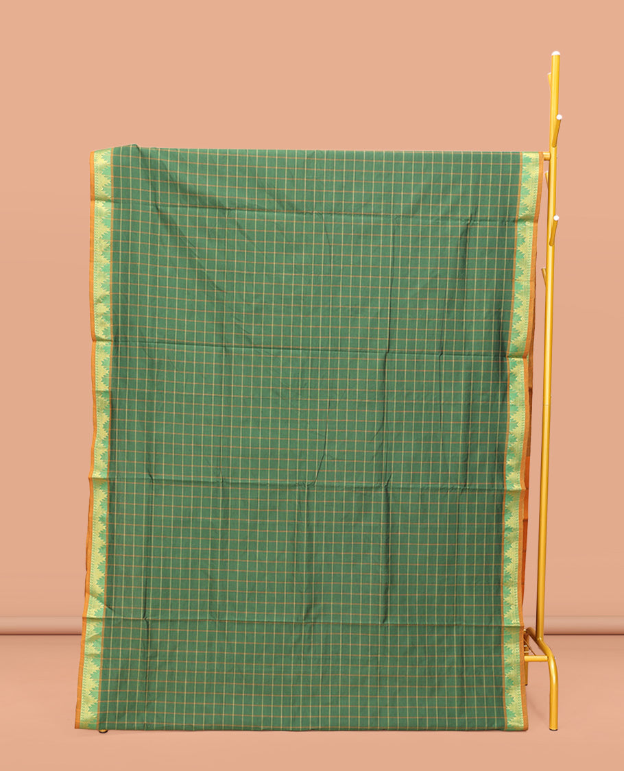 Green Poly Cotton Saree, Accentuated with Checked Design on Its Body, Highlighted by a Temple Border, Complemented by Contrast Striped Pallu, and Paired with a Contrast Blouse