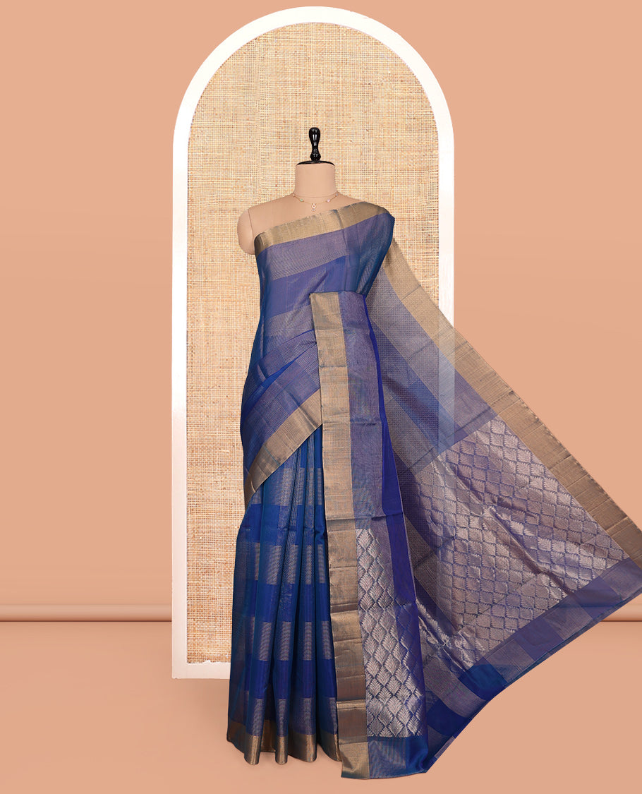 Blue Silk Cotton Saree, Elevated with Zari Checks, a Zari Border, Grand Pallu, and a Matching Blouse