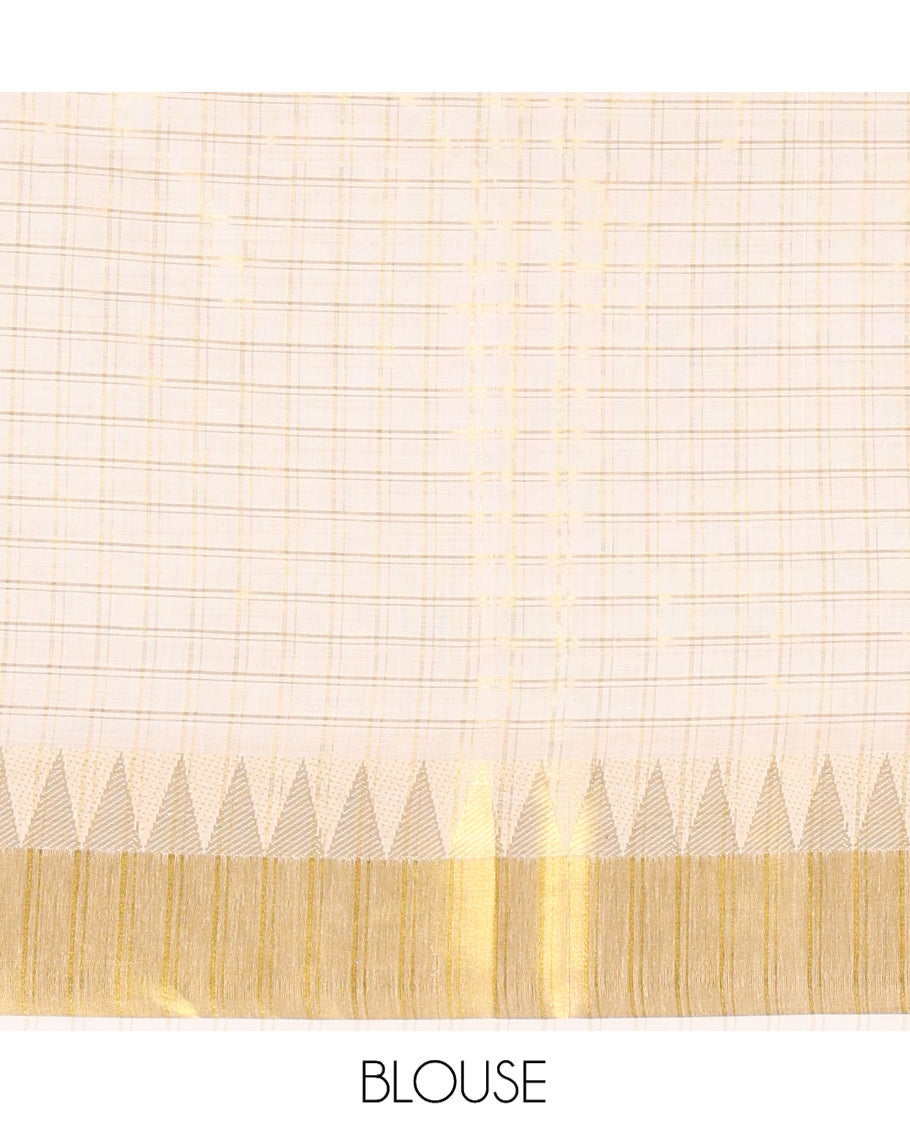 Cream Zari Checked Kerala Tissue Saree, Highlighted by a Zari Border, and a Matching Blouse