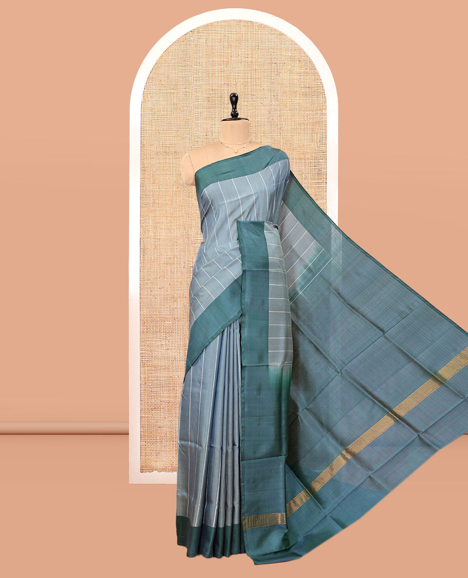 Grey Striped Uppada Silk Saree, Complemented by a Contrast Border, Plain Pallu, and a Contrast Blouse