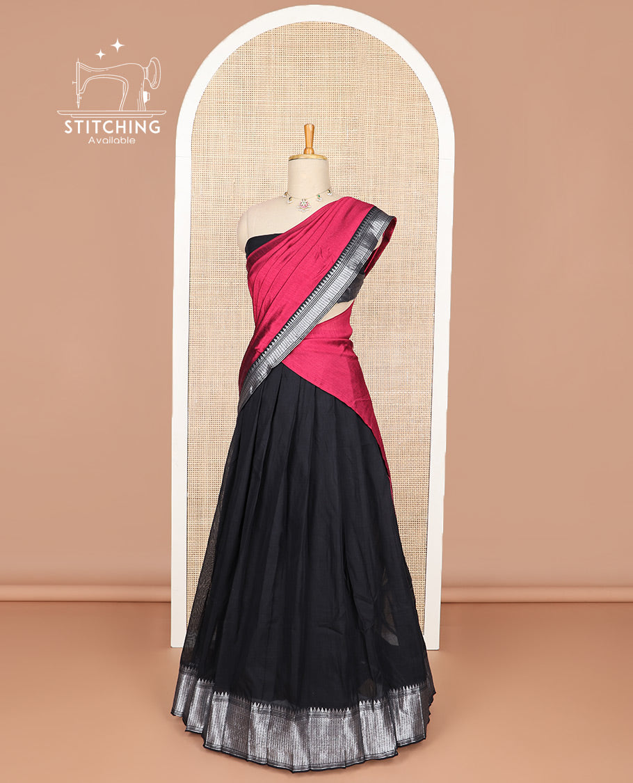 Black cotton half saree with contrast intricate zari design border, zari design blouse & zari design border dhavani