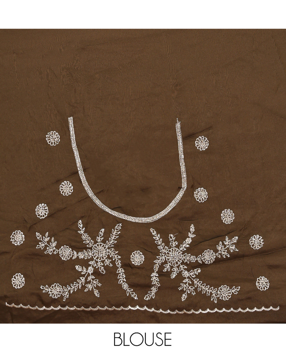 Brown Designer Saree, Prettified with Floral Embroidery, Scallop-Embroidered Border, and Matching Embroidered Blouse