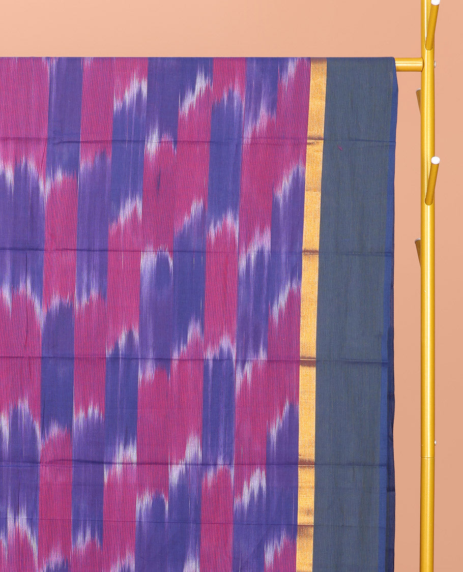 Pink-Blue Ikat Textured Chirala Cotton Saree, a Contrast Border, Striped Pallu, and a Matching Blouse