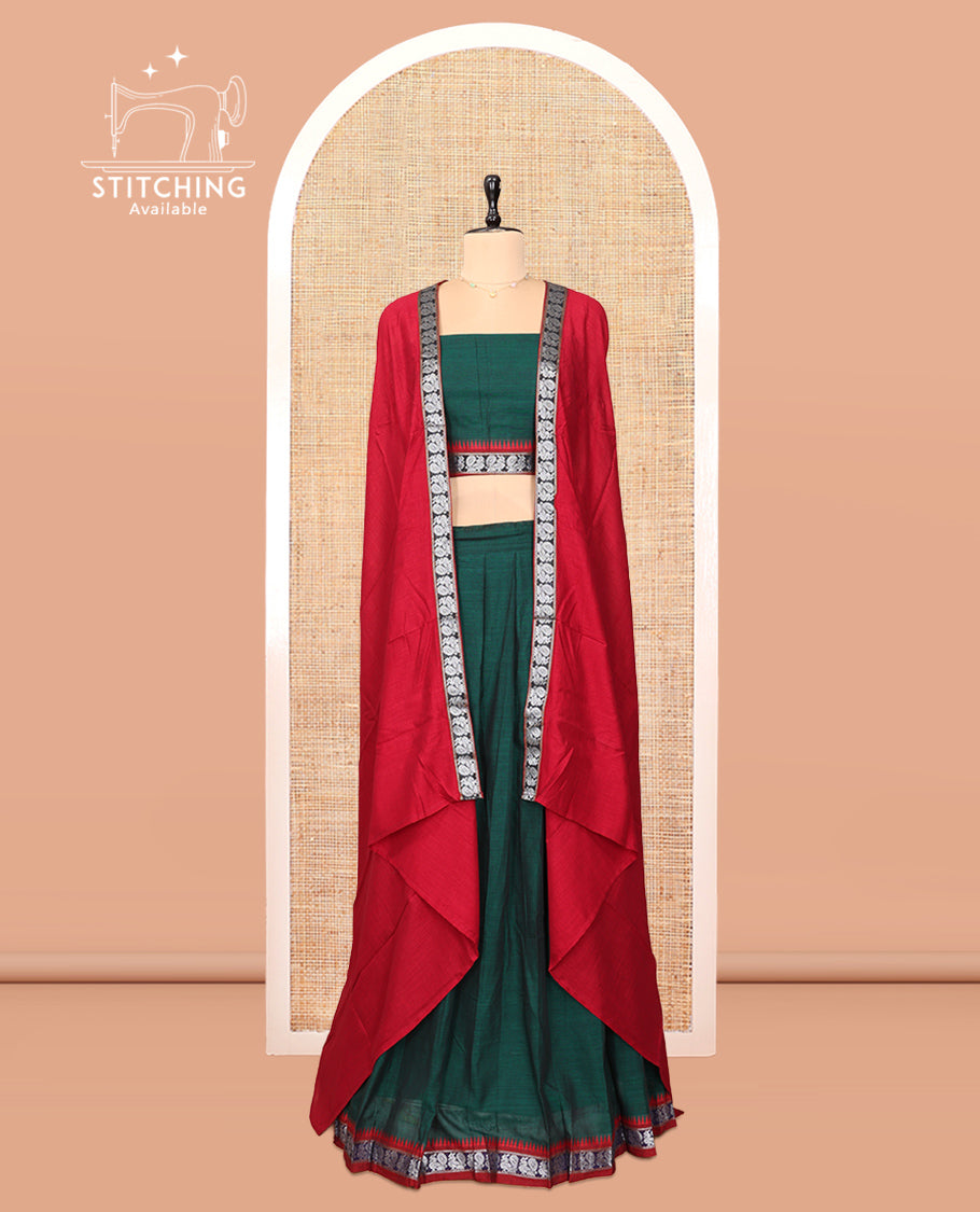 Green Cotton Half-Saree Features Plain Skirt, a Contrast Peacock Border, a Matching Blouse, and a Contrast Red Dhavani