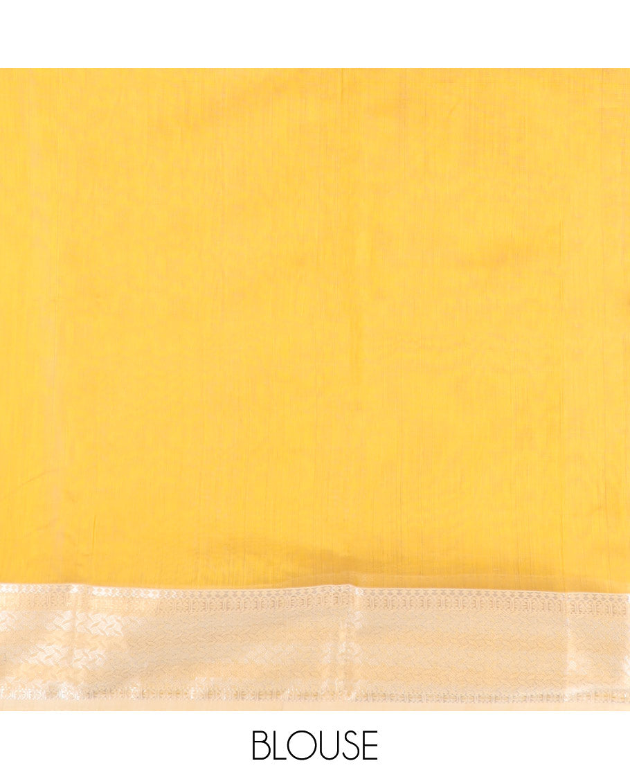 Yellow maheshwari cotton saree with contrast floral zari design border & striped pallu