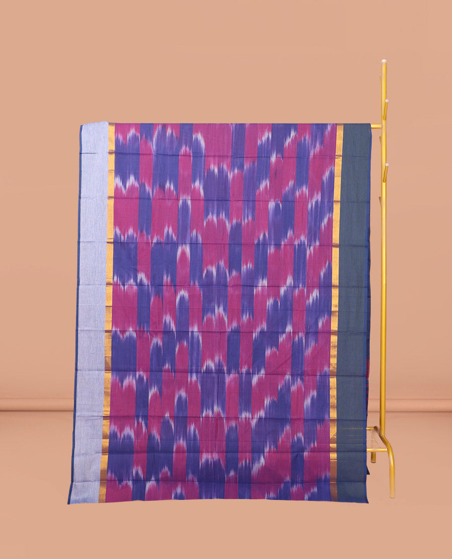 Pink-Blue Ikat Textured Chirala Cotton Saree, a Contrast Border, Striped Pallu, and a Matching Blouse