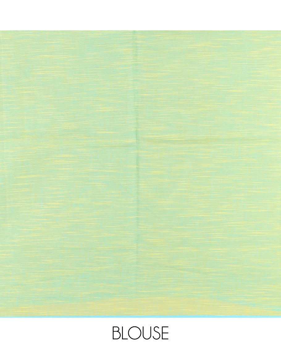 Yellow Geometric Printed Andhra Cotton Saree, a Contrast Piping Border, Striped Pallu, and a Contrast Blouse